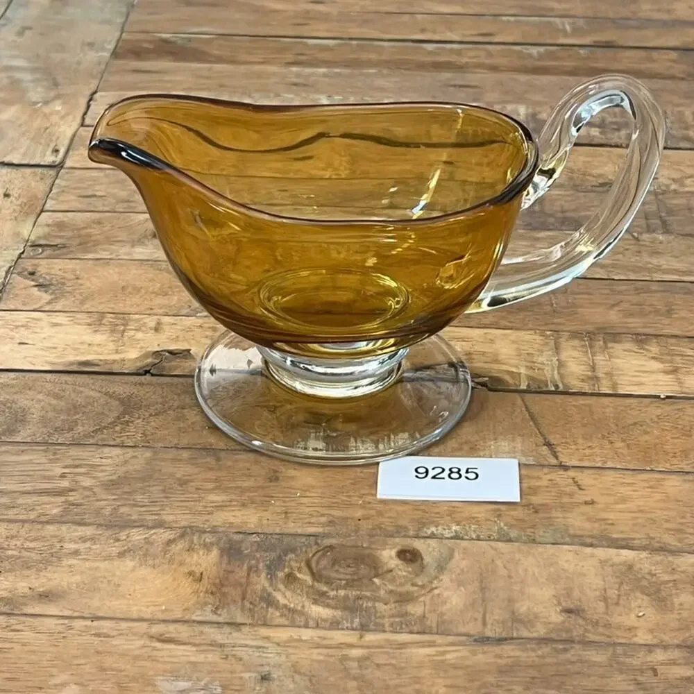 Vintage Williams Sonoma Amber Citrine Clear Glass Footed Gravy Sauce Hand Blown